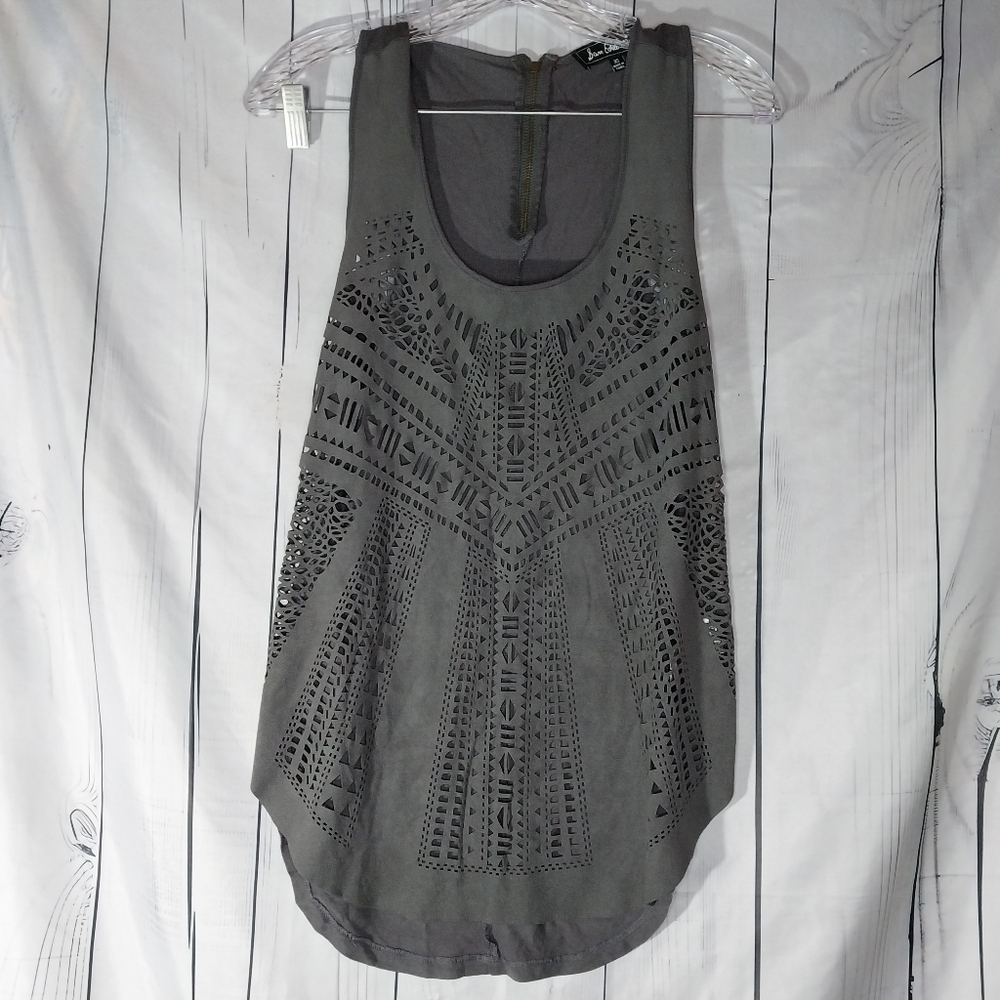 Sam Edelman Women Grey Faux Suede Laser Cut Out Edgy Hi-Low Tank Top Sz XS